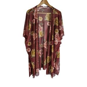 Sonder Burgundy Floral Mesh Kimono Sheer Rose Print Open Front Cover Up OS Fairy